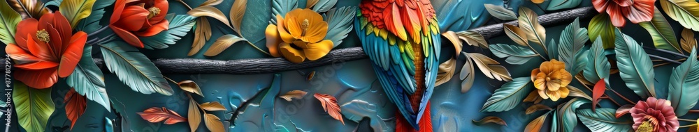 Obraz premium Abstract Exquisite 3D Relief Parrot: A vivid mural illustration that brings the elegance of birds to your space, crafted by artificial intelligence art