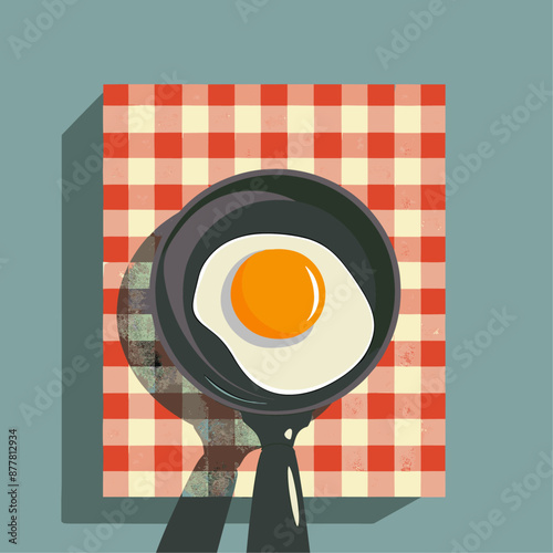 Fried egg in a pan on a checkered tablecloth. Simple food, breakfast, cooking illustration.