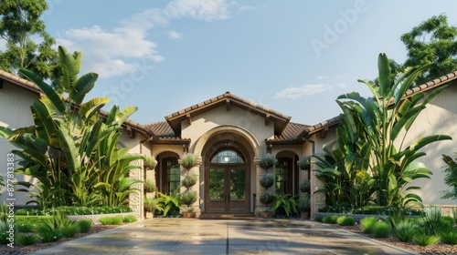 ranch-style home with a large, arched front entryway flanked by tall, decorative plants © Ramzan