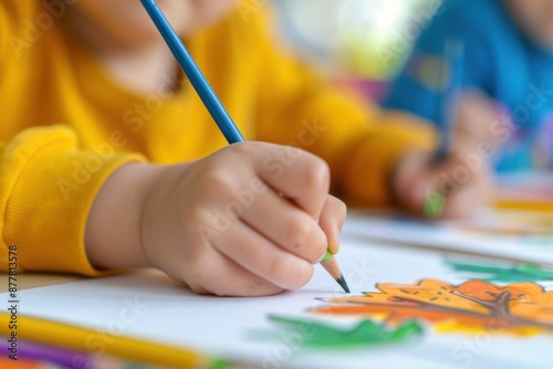 A child in a yellow shirt drawing a colorful picture with a pencil on paper, showcasing creativity and vibrant expression in a classroom or home setting.