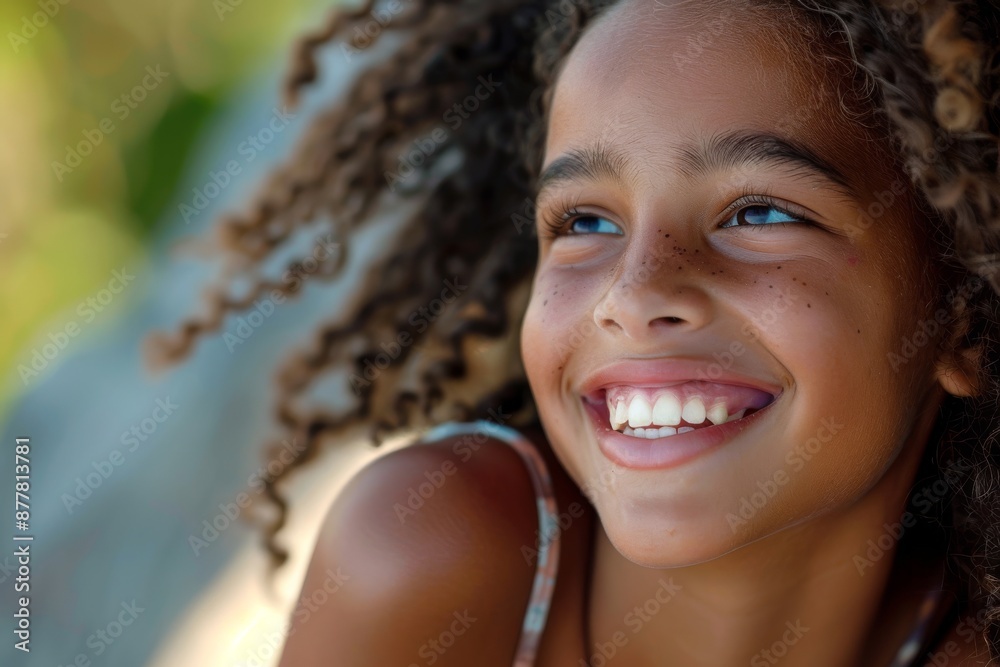 Smiling young African American teen girl looking away and laughing Smiling young African American teen girl looking away and laughing
