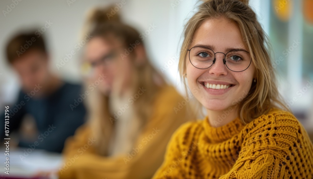 Smiling young woman in a classroom wearing glasses and a yellow sweater, sitting at a desk with classmates blurred in the background. Smiling young woman in a classroom wearing glasses and a yellow sweater, sitting at a desk with classmates blurred in the background.