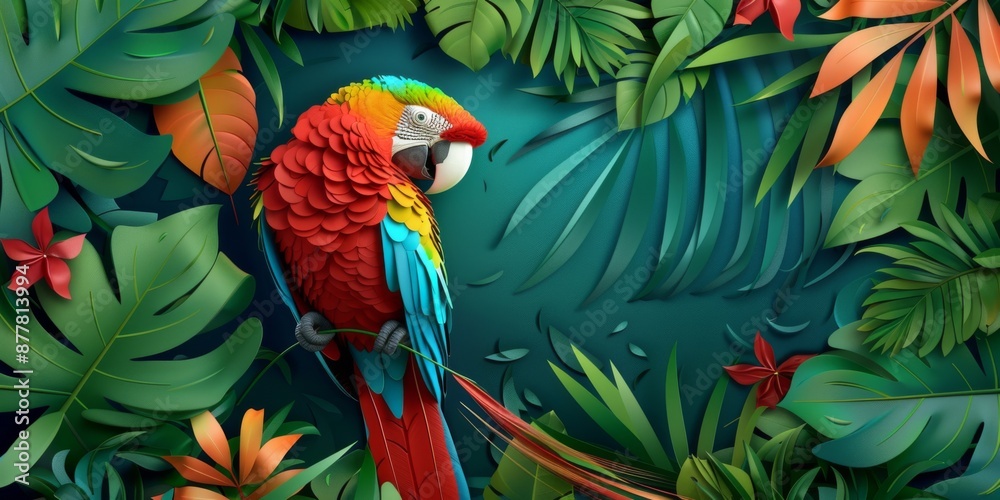 Fototapeta premium Abstract Exquisite 3D Relief Parrot: A vivid mural illustration that brings the elegance of birds to your space, crafted by artificial intelligence art