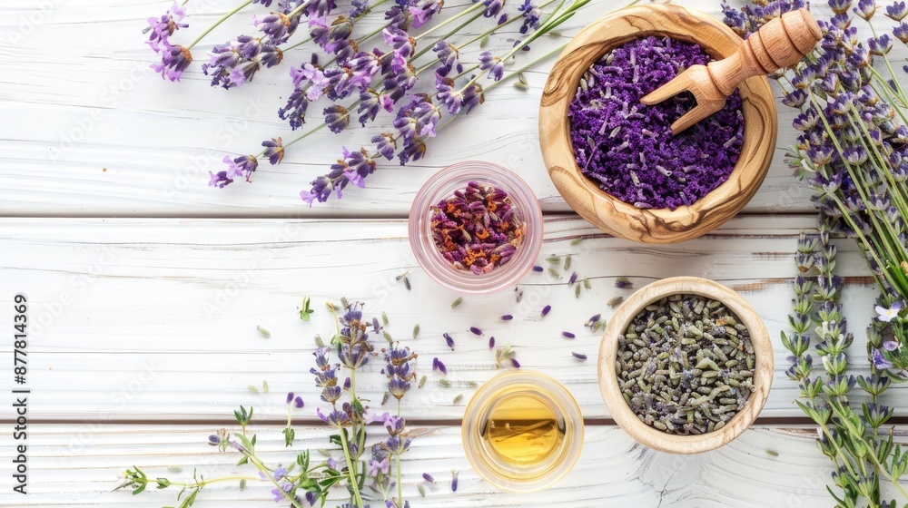 Lavender and thyme leaf samples of cosmetic products on white wooden table surface Lavender and thyme leaf samples of cosmetic products on white wooden table surface