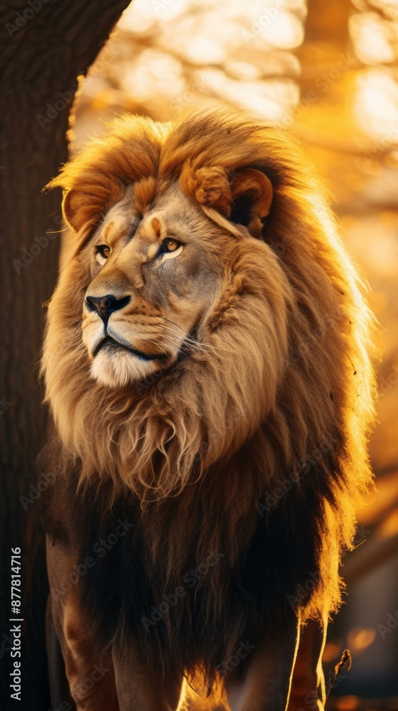 Majestic Lion Walking in Golden Savanna at Sunset Majestic Lion Walking in Golden Savanna at Sunset