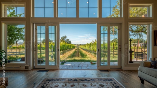 ranch home with a backyard vineyard, visible through large, open windows