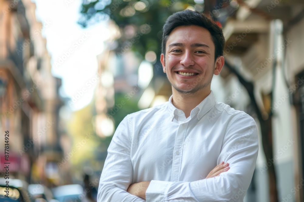 Obraz premium Young hispanic businessman with arms crossed smiling happy at the city