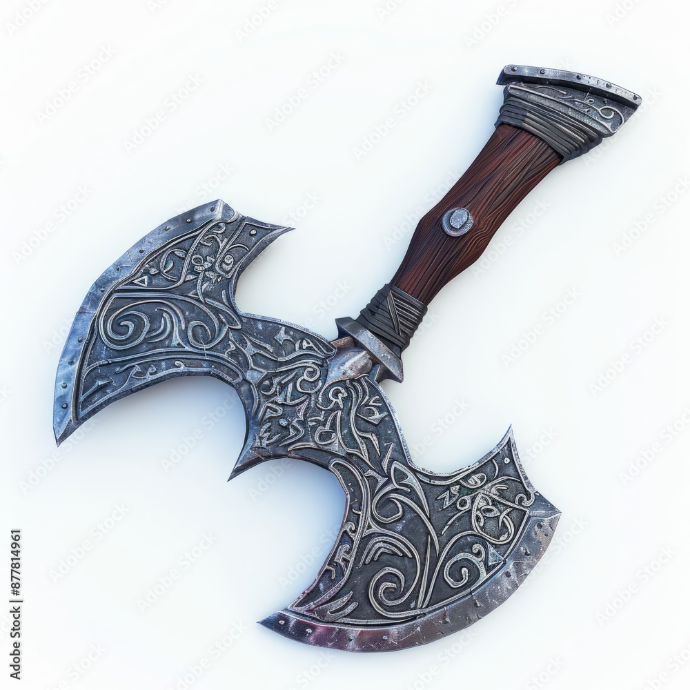 3D Render, Low Poly style of a mythical throwing axe with double-edged blade, on isolated white background, Generative AI 3D Render, Low Poly style of a mythical throwing axe with double-edged blade, on isolated white background, Generative AI