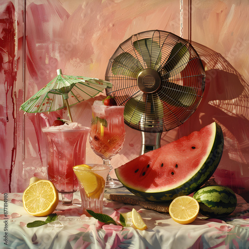 Wallpaper Mural Summer Refreshment, Ice Cream, Cold Drinks, Watermelon, Lemonade, Fan. Torontodigital.ca