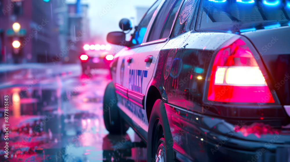 Close-up of a police car parked on a wet street with the red light on. A patrol car is protecting the city. Service, surveillance and control Close-up of a police car parked on a wet street with the red light on. A patrol car is protecting the city. Service, surveillance and control
