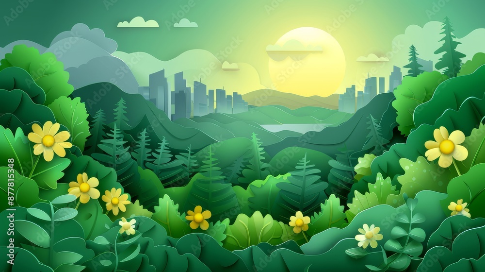 Beautiful natural landscape, energy saving In the background, art style, paper and green tones.