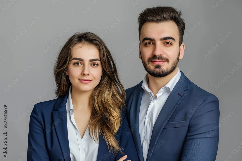 Business partners posing in front of gray background, looking at camera and smiling - generative ai Business partners posing in front of gray background, looking at camera and smiling - generative ai