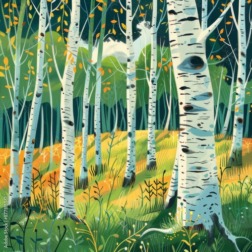 Whimsical Birch Forest Abstract: An enchanting illustration of birch trees set in a magical woodland photo
