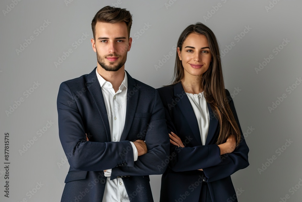 Business partners posing in front of gray background, looking at camera and smiling - generative ai Business partners posing in front of gray background, looking at camera and smiling - generative ai