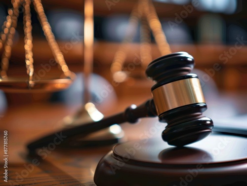 Close-up of a judge's gavel and scales of justice symbolizing law, order, and the legal system, within a courtroom setting. photo