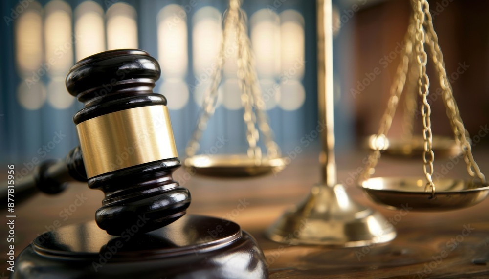 Wooden gavel and scales of justice on a table in a courtroom, symbolizing law, legal decisions, and judicial authority. Wooden gavel and scales of justice on a table in a courtroom, symbolizing law, legal decisions, and judicial authority.