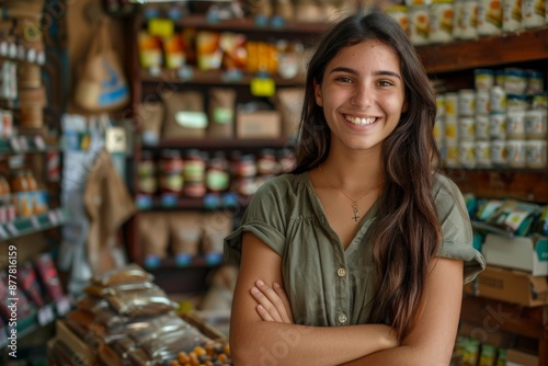 Young latin shopkeeper girl with arms crossed smiling happy