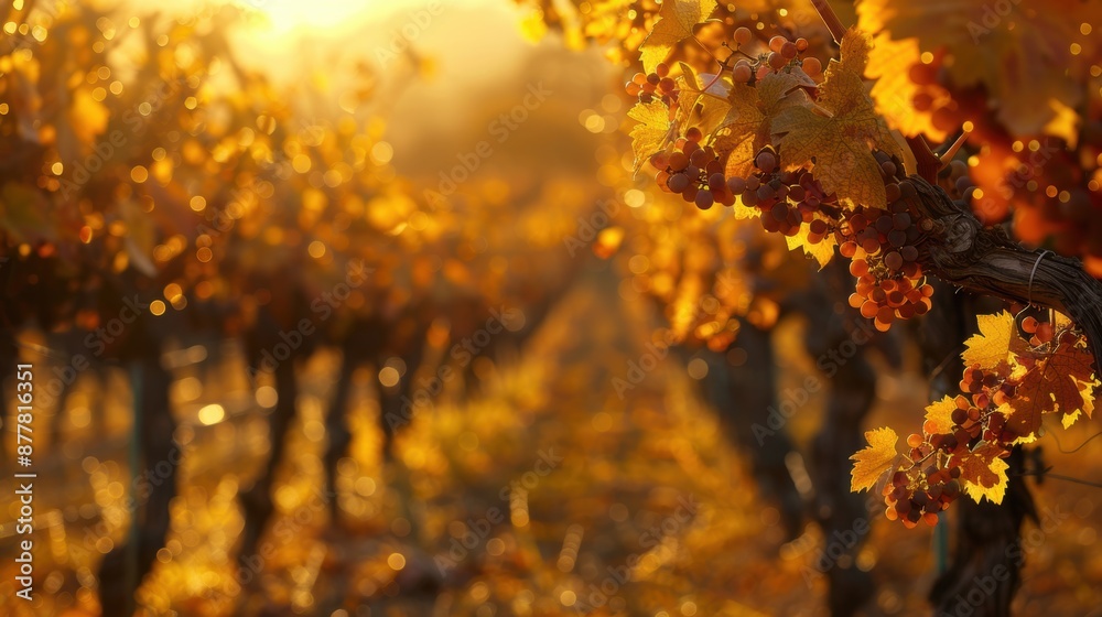 A vineyard illuminated by the golden sunset, showcasing ripe grapes hanging from the vines in a beautiful autumn setting. A vineyard illuminated by the golden sunset, showcasing ripe grapes hanging from the vines in a beautiful autumn setting.