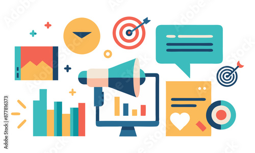 Digital marketing strategies often incorporate flat design vector icons to visually represent key business concepts.