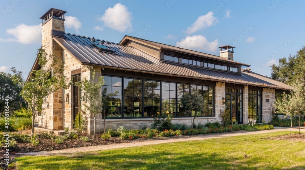 ranch home with a mix of rustic and contemporary styles, featuring a metal roof and large, industrial-style windows ranch home with a mix of rustic and contemporary styles, featuring a metal roof and large, industrial-style windows
