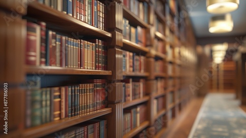 A row of bookshelves filled with books in a library, with a blurred depth of field effect emphasizing the collection.