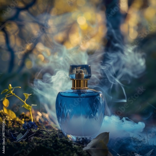 Ethereal Fragrance: A Blue Perfume Bottle Enveloped in an Enchanting Smoke Landscape, Capturing the Essence of Mystical Elegance. photo