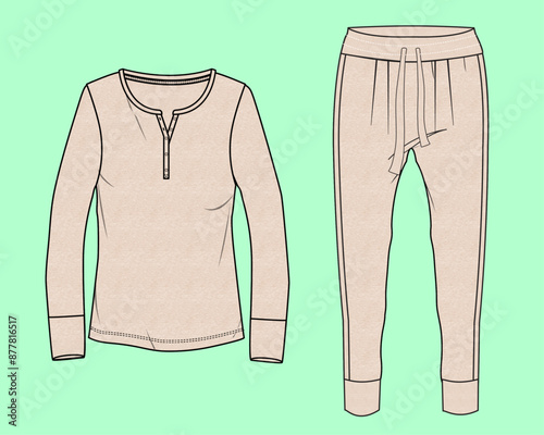 ladies nightwear henley cuff jogger fashion illustration flat sketch vector.