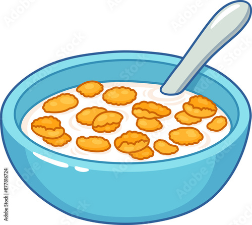 Cornflakes breakfast bowl drawing. Traditional cereal with milk, clip art illustration