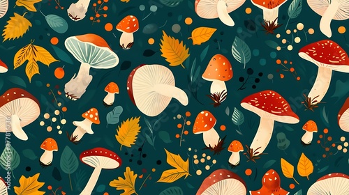 Whimsical Forest Floor with Colorful Mushrooms and Autumn Leaves