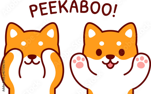 Tableau sur toile Cute cartoon Shiba Inu puppy playing Peekaboo, hiding and opening face