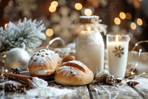 Christmas food with bread and milk on abstract bakery background, festive food with copy space effect photo