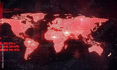 A red and black world map fills the screen, with random red digital text appearing and disappearing across it, resembling data or code (mov)