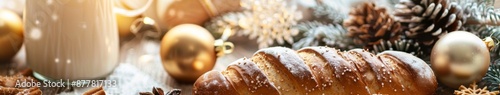 Christmas food with bread and milk on abstract bakery background, festive food with copy space effect photo