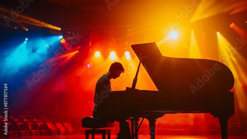 Silhouette of Pianist under Colorful Stage Lighting