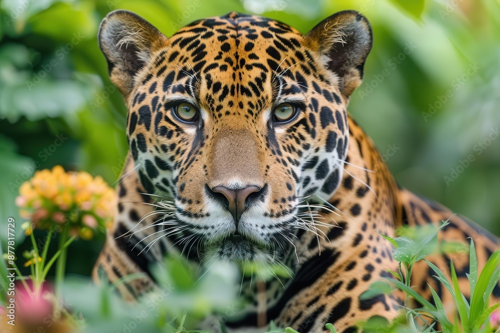 Close-up of a majestic jaguar with striking patterns, set against a lush green natural background, highlighting its piercing gaze. Close-up of a majestic jaguar with striking patterns, set against a lush green natural background, highlighting its piercing gaze.