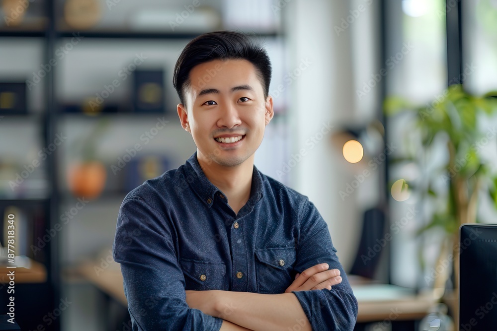 Confident young Asian businessman sitting with arms crossed smiling looking at camera in the office - generative ai Confident young Asian businessman sitting with arms crossed smiling looking at camera in the office - generative ai