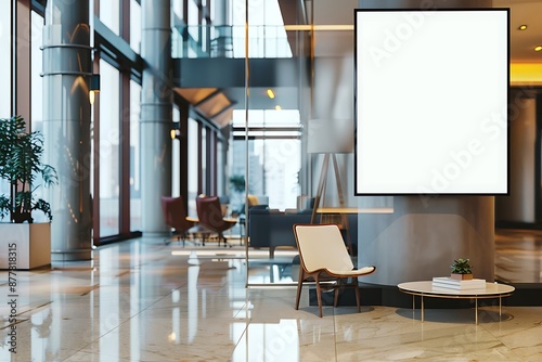 Modern office interior with large blank billboard koltuk and table photo