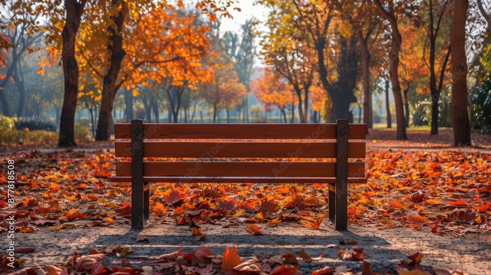 Empty park bench in a serene autumn setting with colorful fallen leaves and trees in the background under a soft morning light. Empty park bench in a serene autumn setting with colorful fallen leaves and trees in the background under a soft morning light.
