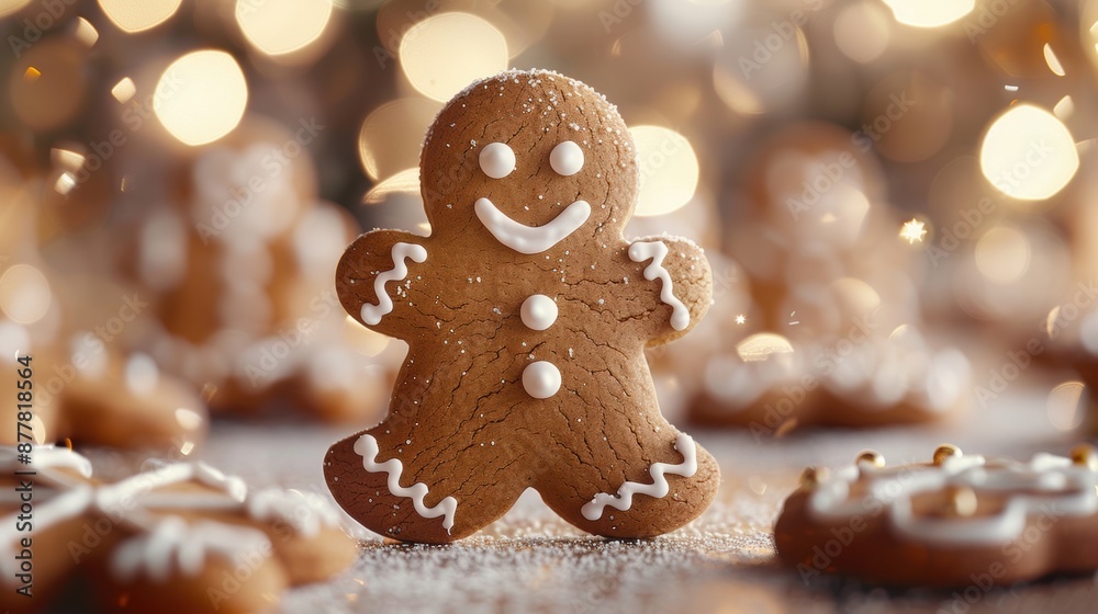 A cheerful gingerbread man cookie decorated with icing, set against a backdrop of warm bokeh lights.