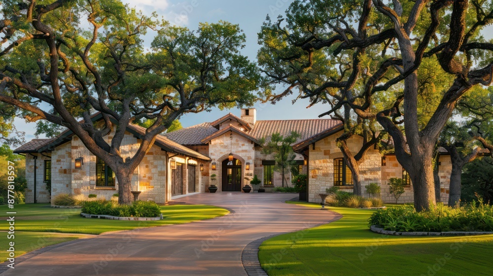 ranch house with an elegant, curved driveway and mature trees framing the entrance ranch house with an elegant, curved driveway and mature trees framing the entrance