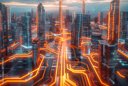 Futuristic city with skyscrapers and glowing circuit board lines creates high-tech futuristic scene