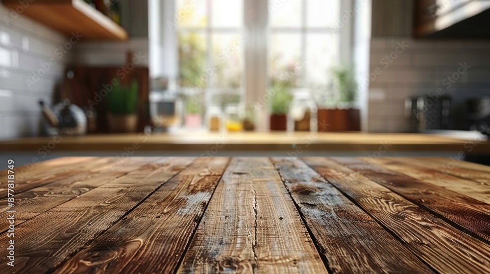 Close-up of a rustic wooden table in a cozy kitchen with warm lighting, creating an inviting and homely atmosphere.