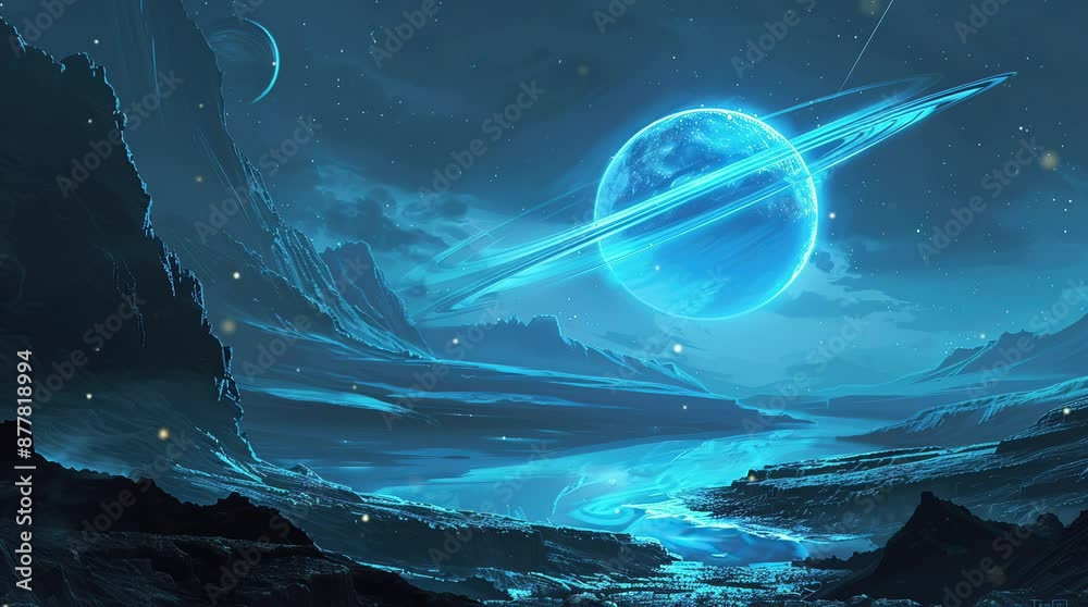 Glowing planet in a vibrant sky over a fantastical landscape with otherworldly scenery and mystical elements
 Seamless looping 4k time-lapse virtual video animation background. Generated AI