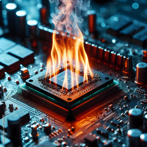 Close up CPU chipset microchip in mainboard from computer overload until fire burning