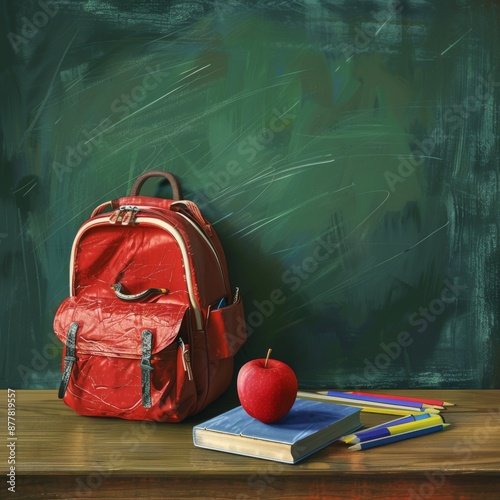 Educational Essence: School Desk Accessories and Apple, Old Books, and Backpack on a Wooden Table Above the Blackboard - An AI-Illustrated Back-to-School Concept. photo