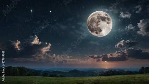 A captivating night sky scene with a bright, glowing full moon illuminating the landscape. The moon's surface appears to emit soft, otherworldly light that casts a gentle glow on the scattered clouds.