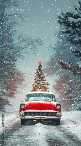 Vintage Red Car with Christmas Tree in Snowy Winter Forest Scene photo