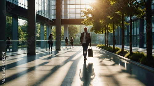 Blurred background of people walking in a modern office building with green trees and sunlight , eco friendly and ecological responsible business concept