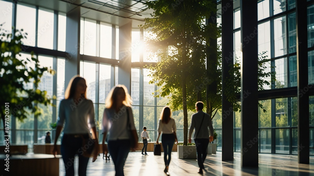 Blurred background of people walking in a modern office building with green trees and sunlight , eco friendly and ecological responsible business concept Blurred background of people walking in a modern office building with green trees and sunlight , eco friendly and ecological responsible business concept