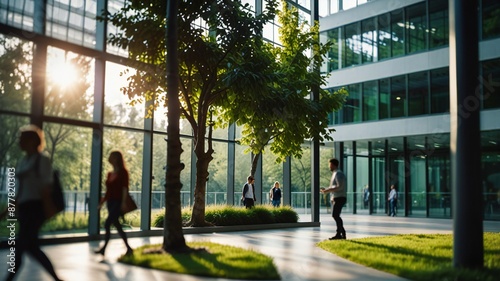 Blurred background of people walking in a modern office building with green trees and sunlight , eco friendly and ecological responsible business concept